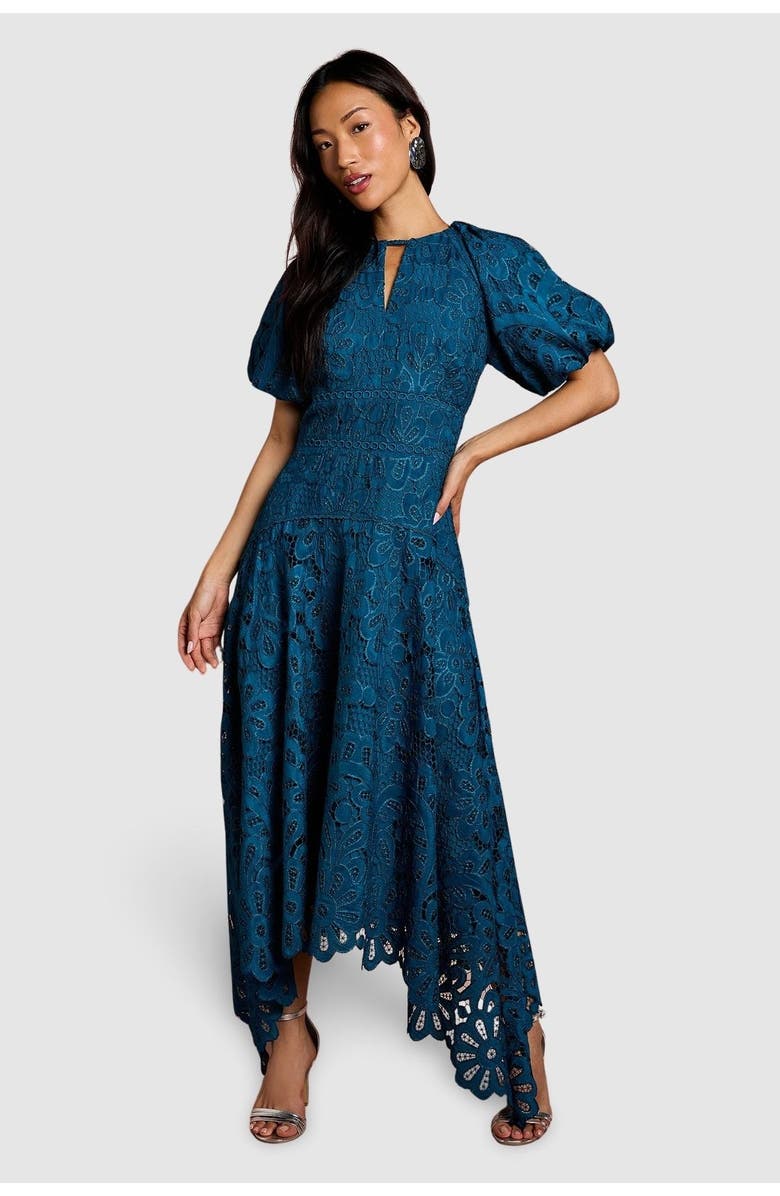 Coast Lace Hanky Hem Puff Sleeve Dress, Main, color, Teal