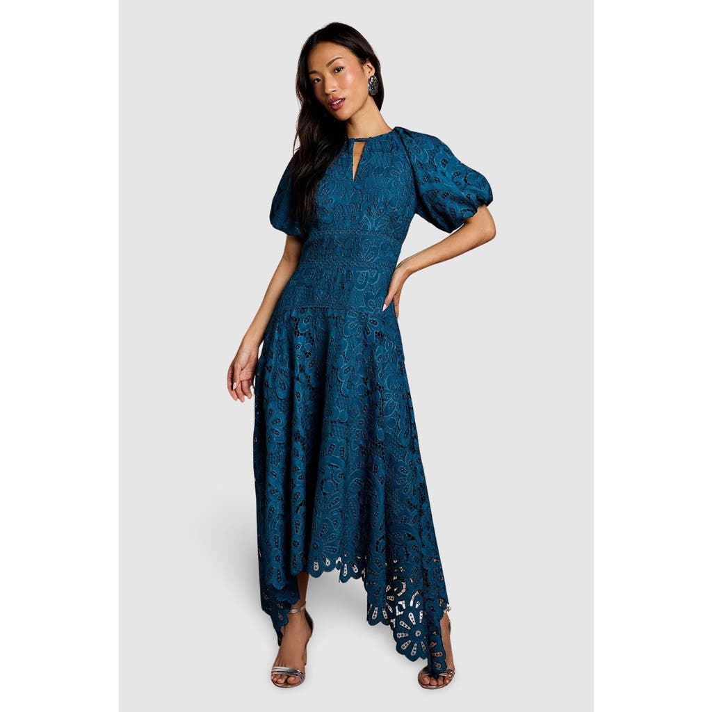 Coast Lace Hanky Hem Puff Sleeve Dress In Blue