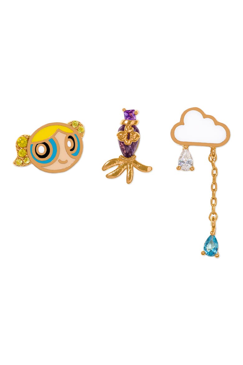 The Powerpuff Girls Bubbles Set of 3 Single Stud Earrings, Main, color, GOLD