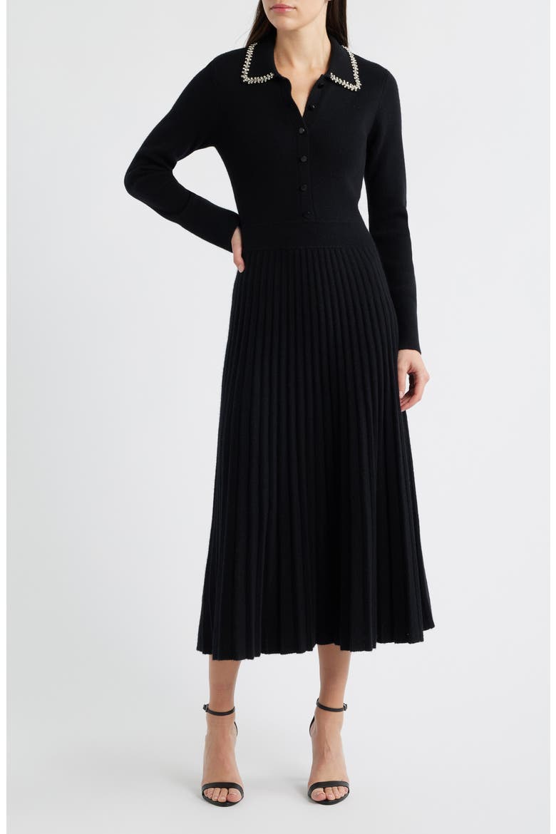 Penny Embellished Collar Pleated Long Sleeve Cashmere Sweater Dress, Main, color, NOIR BLACK