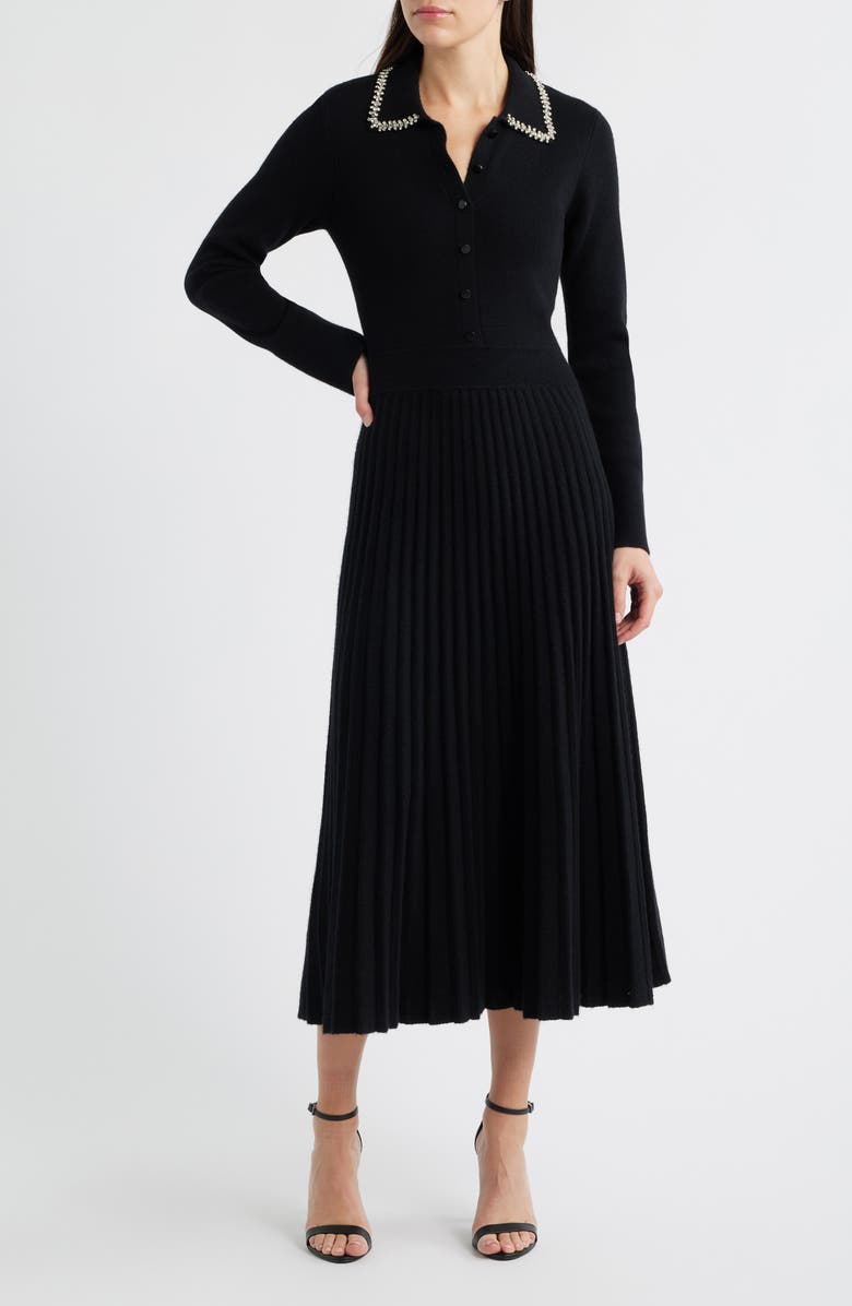 Elie Tahari Penny Embellished Collar Pleated Long Sleeve Cashmere Sweater Dress, Main, color, Noir Black