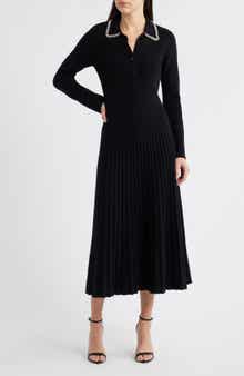 Penny Embellished Collar Pleated Long Sleeve Cashmere Sweater Dress