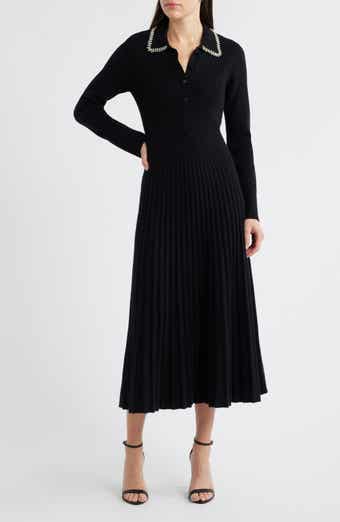 Penny Embellished Collar Pleated Long Sleeve Cashmere Sweater Dress