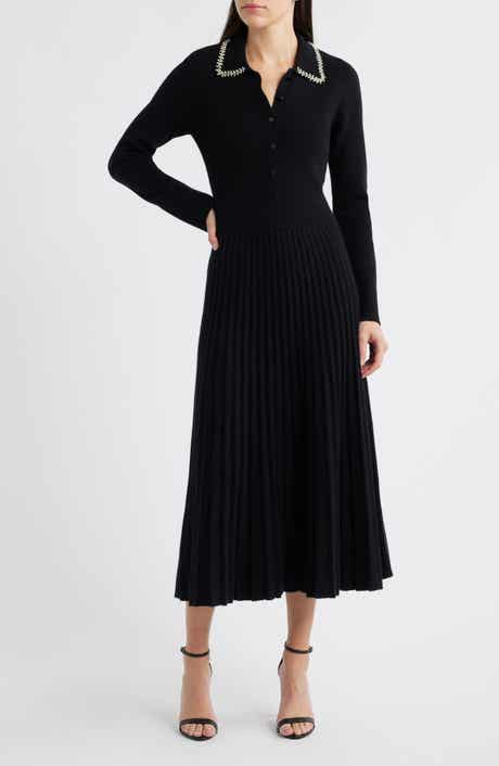 Penny Embellished Collar Pleated Long Sleeve Cashmere Sweater Dress