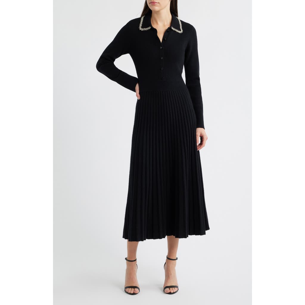Elie Tahari Penny Embellished Collar Pleated Long Sleeve Cashmere Sweater Dress in Noir Black  product