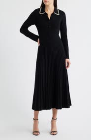 Elie Tahari Penny Embellished Collar Pleated Long Sleeve Cashmere Sweater Dress