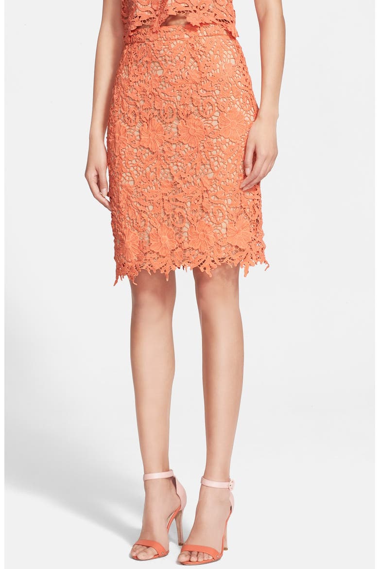 'Farrel' Lace Pencil Skirt, Main, color, CORAL/ NUDE