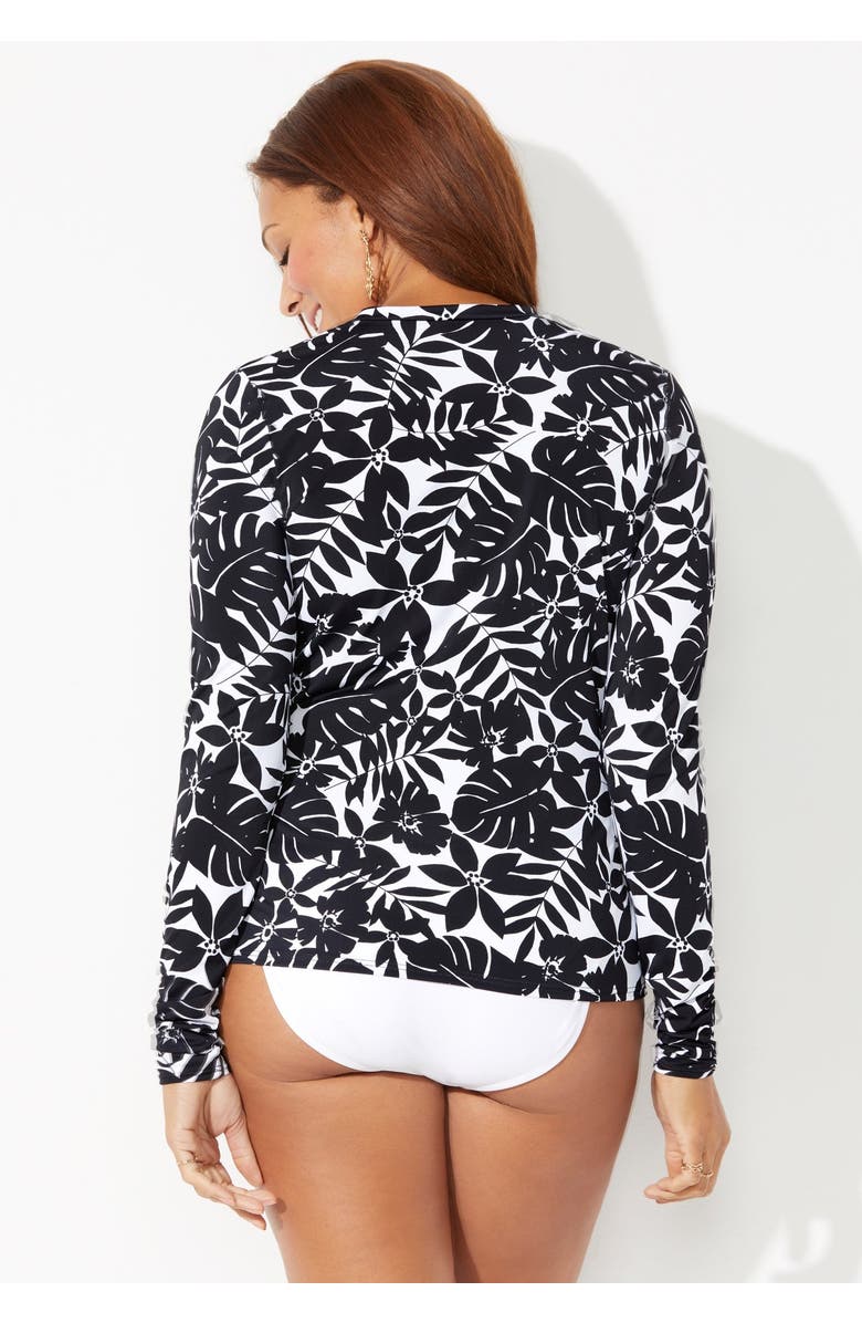 Swimsuits for All Chlorine Resistant Zip Up Long Sleeve Swim Rash Guard, Alternate, color, Black Palm