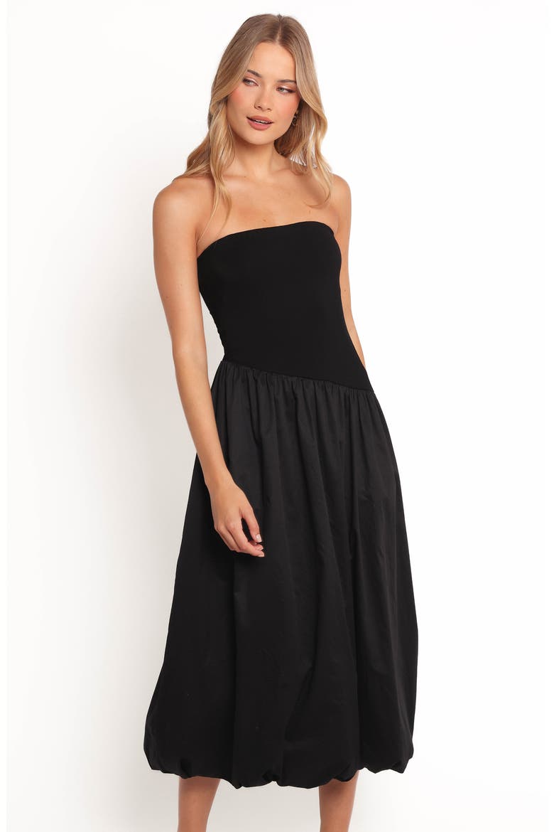 Annalyse Strapless Bubble Hem Mixed Media Midi Dress, Alternate, color, BLACK