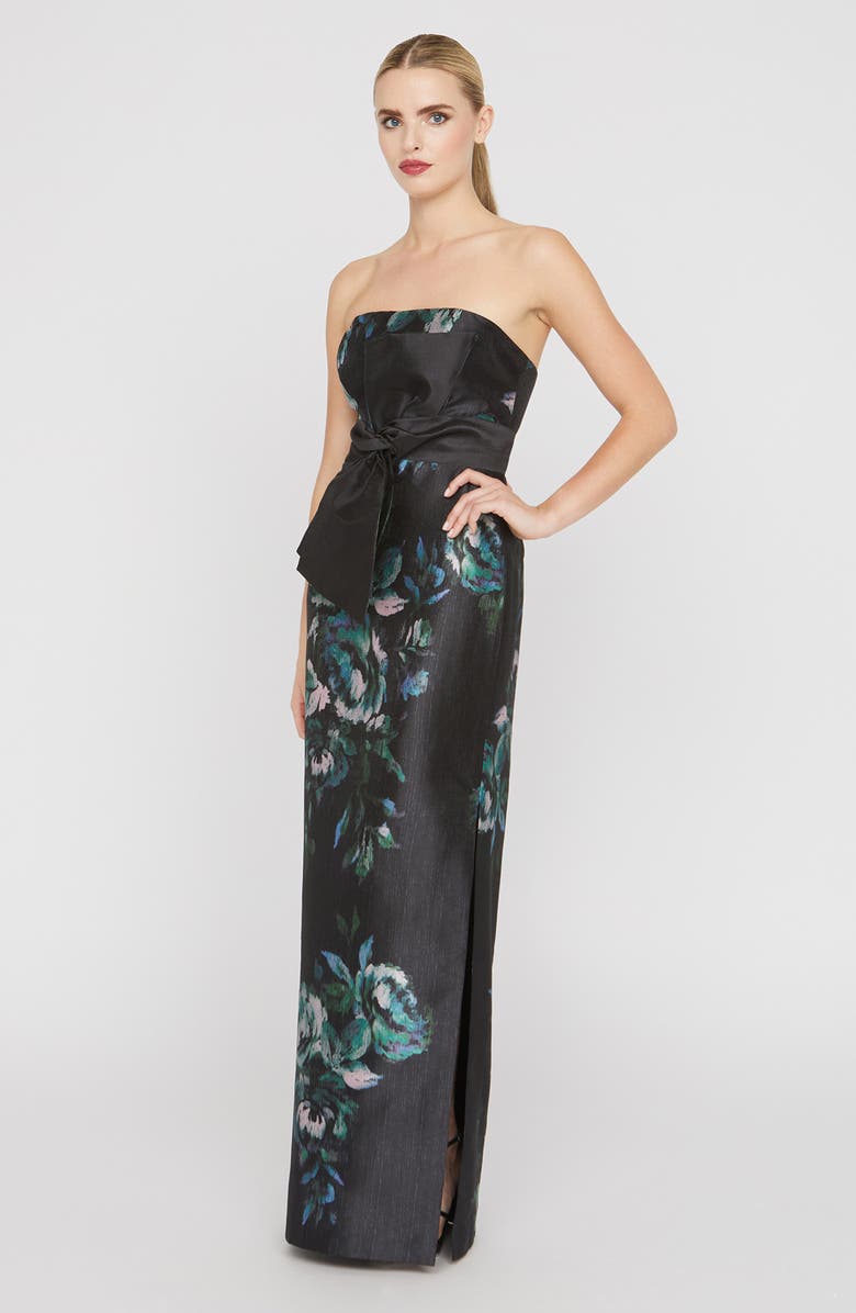 Kay Unger Constance Floral Bow Detail Strapless Column Gown, Alternate, color, Black/ Deep Green