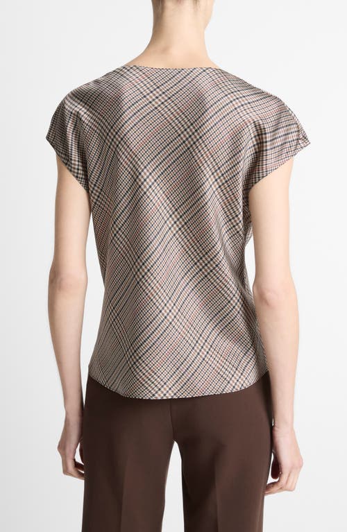Vince Pressed Plaid Cowl Neck Silk Top In Brown
