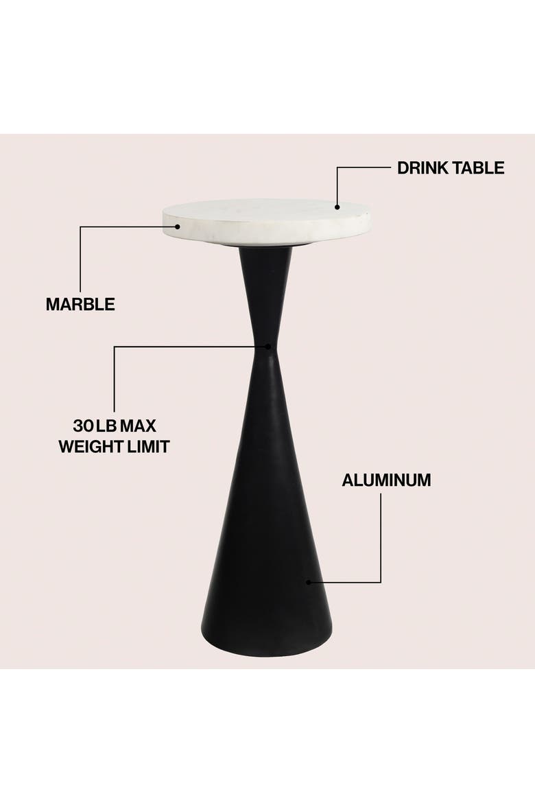 Ziggy Contemporary Round Marble Top Drink Table with Aluminum Hourglass Pedestal Base Accent Side Table, Alternate, color, Antique Black