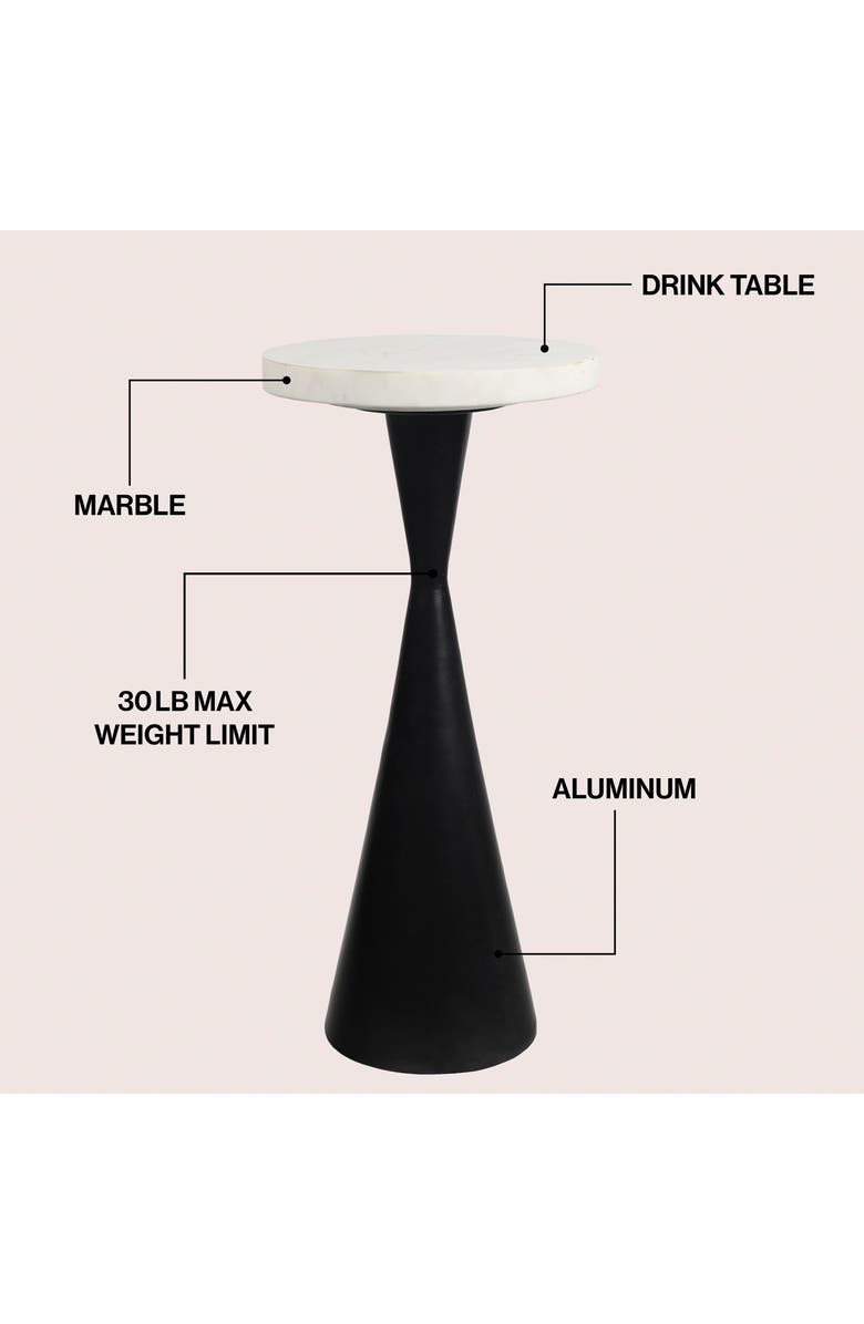 JONATHAN Y Ziggy 22" Contemporary Designer Metal Drink Table and Decorative End Table with White Marble Round Top and Cone Pedestal Base, Alternate, color, Antique Black