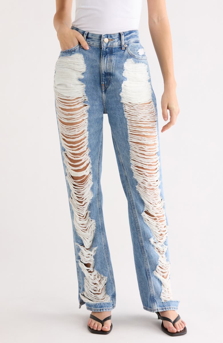 Good American The Khloé High Waist Ripped Denim Straight Leg Jeans, Main, color, Indigo1092