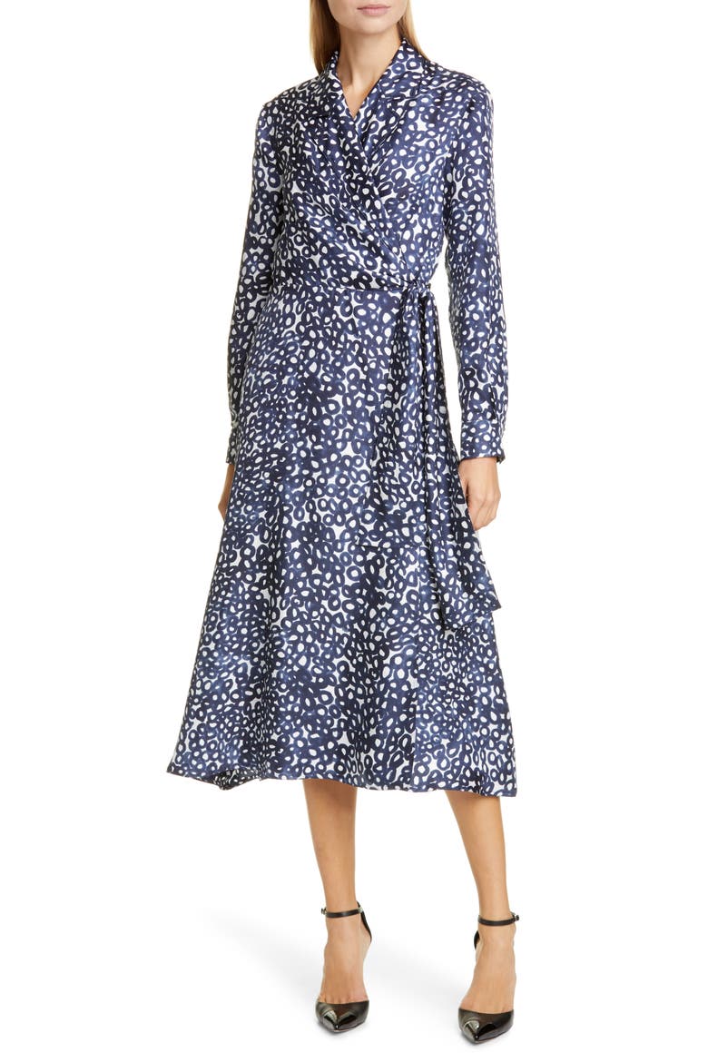 Ravel Silk Crêpe de Chine Long Sleeve Wrap Dress, Main, color, ULTRAMARINE