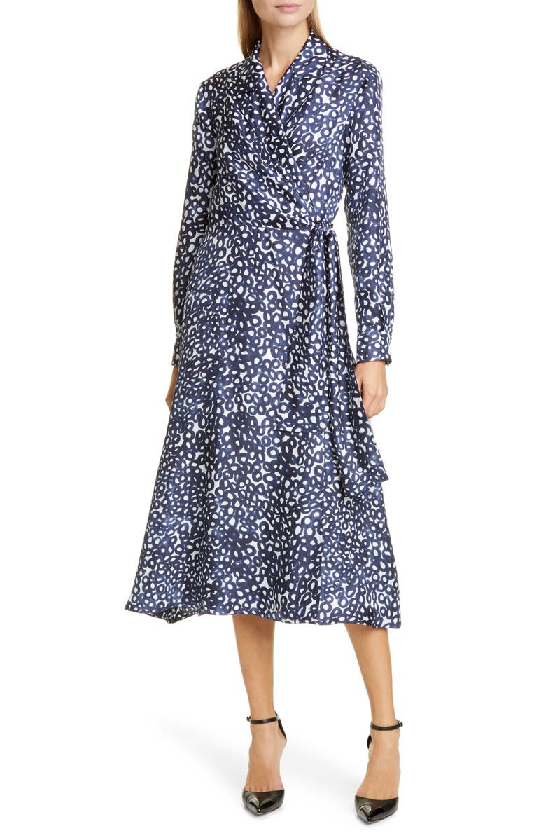 Max Mara Ravel Silk Crêpe de Chine Long Sleeve Wrap Dress, Main, color, 
