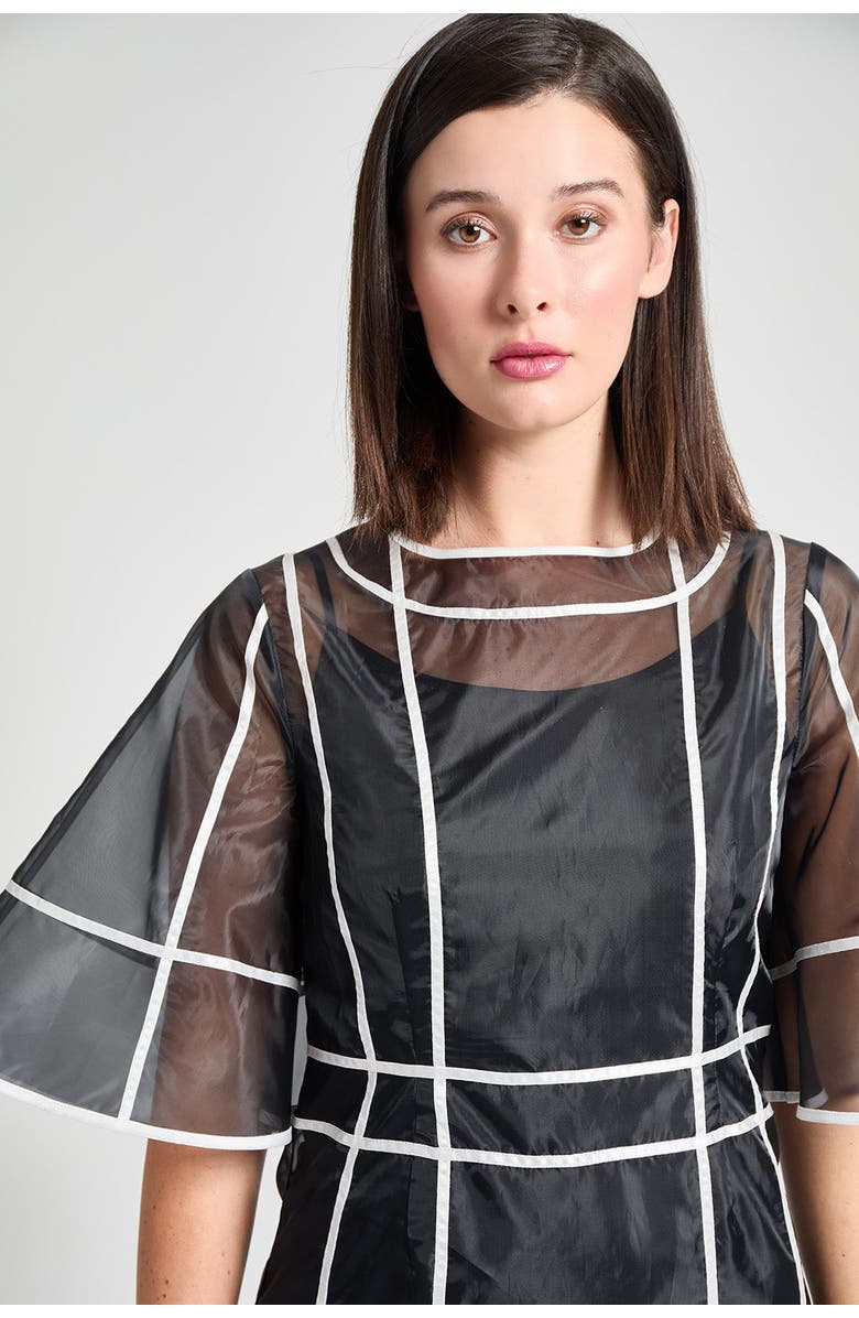Ming Wang Modern Fit Organza Contrast Stripe A Line Midi Dress, Alternate, color, Black/White