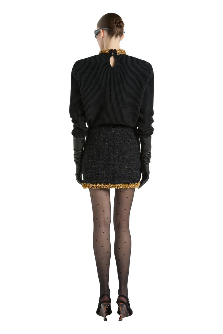 Short Tweed Skirt with Embroidered Trim, Alternate, color, black