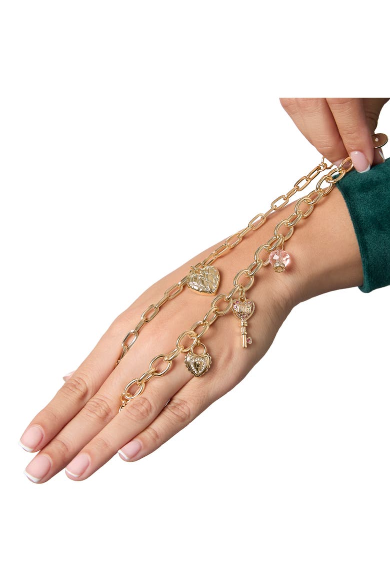 Charm Bracelet Set with Heart and Key Charms, 7.5'', Alternate, color, Gold Tone