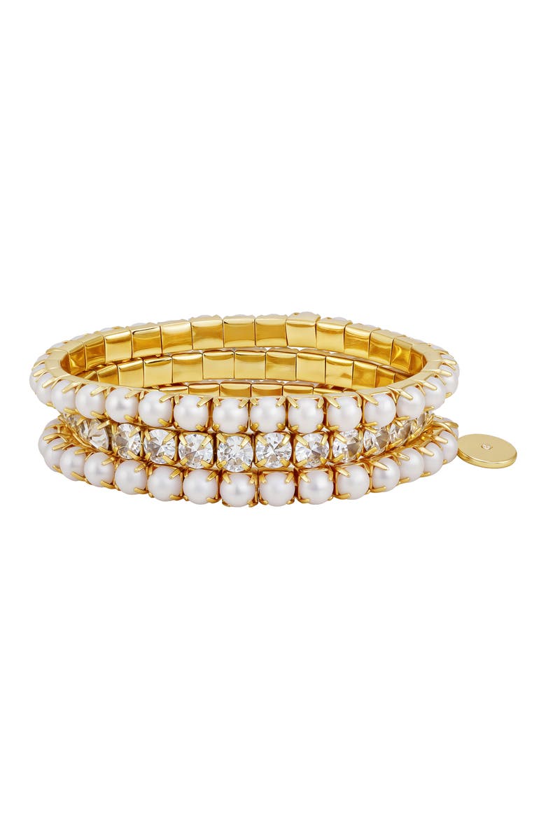 Imitation Pearl and Crystal Set of 3 Stretch Bracelets, Main, color, GOLD TONE