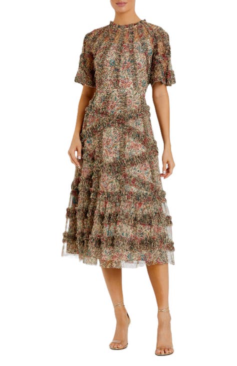 Light Beige Color Flowers Design Sleeveless Frock