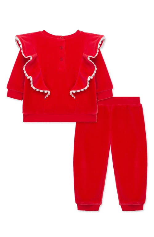 LITTLE ME LITTLE ME EMBROIDERED RUFFLE VELOUR TOP & JOGGERS SET 