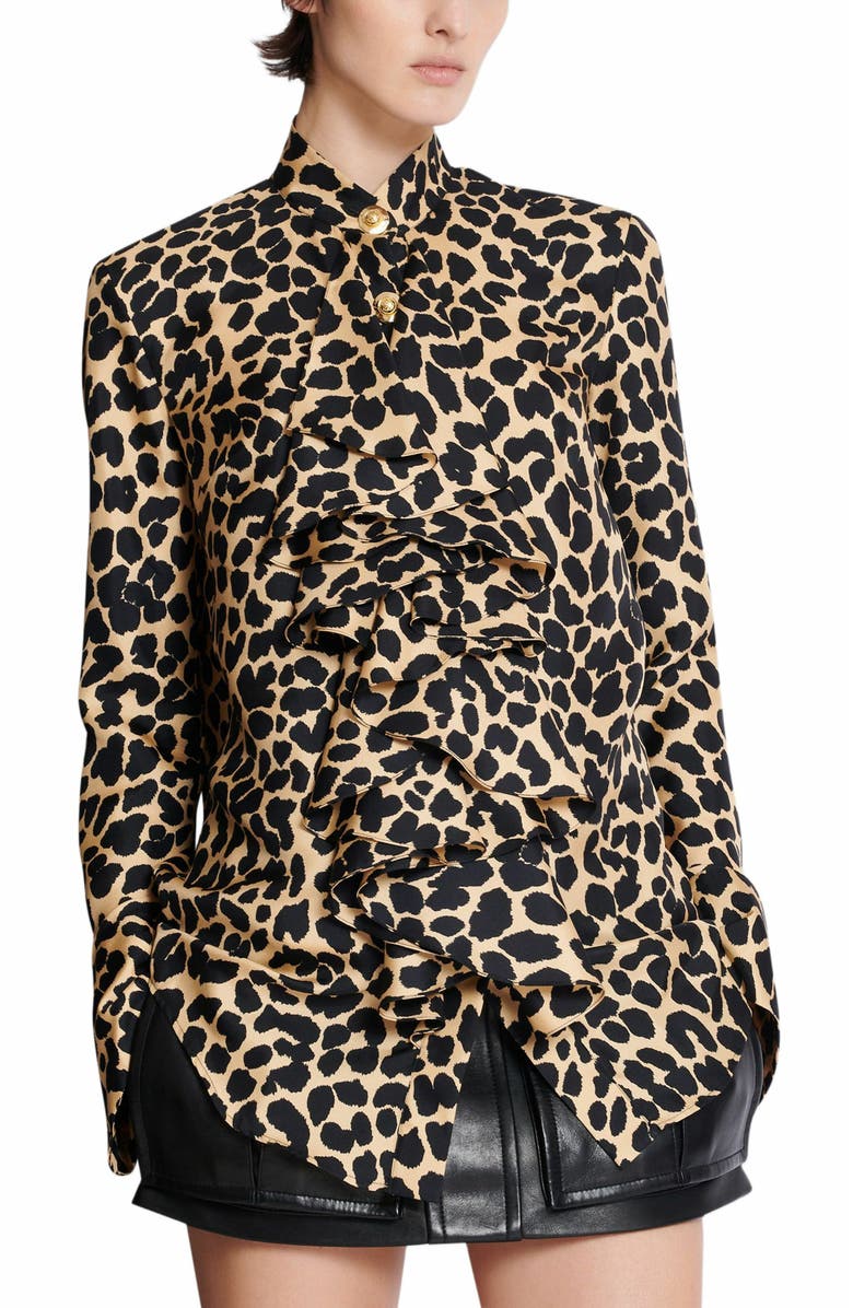 Balmain Leopard Print Ruffled Shirt, Alternate, color, Black