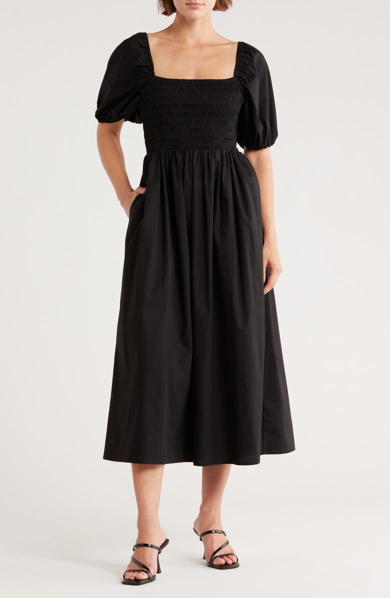 WAYF Puff Sleeve Smocked Midi Dress, Main, color, Black