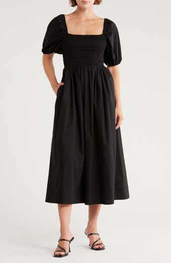WAYF Puff Sleeve Smocked Midi Dress