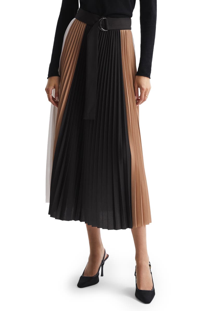 Reiss Ava Colorblock Belted Pleated Midi Skirt, Main, color, 