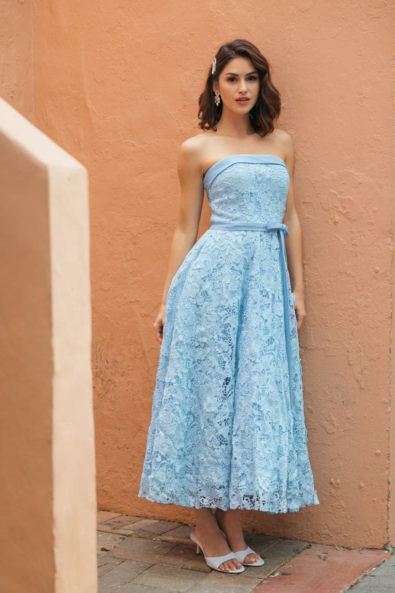 Embroidered Lace Strapless Midi Dress With Bow Detail, Alternate, color, Powder Blue