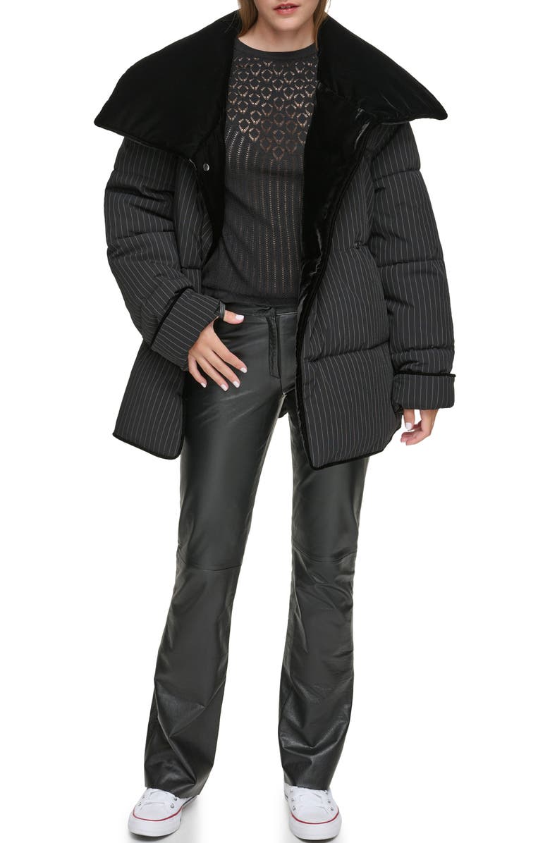 Andrew Marc Krithia Pinstripe Belted Puffer Coat, Alternate, color, Black
