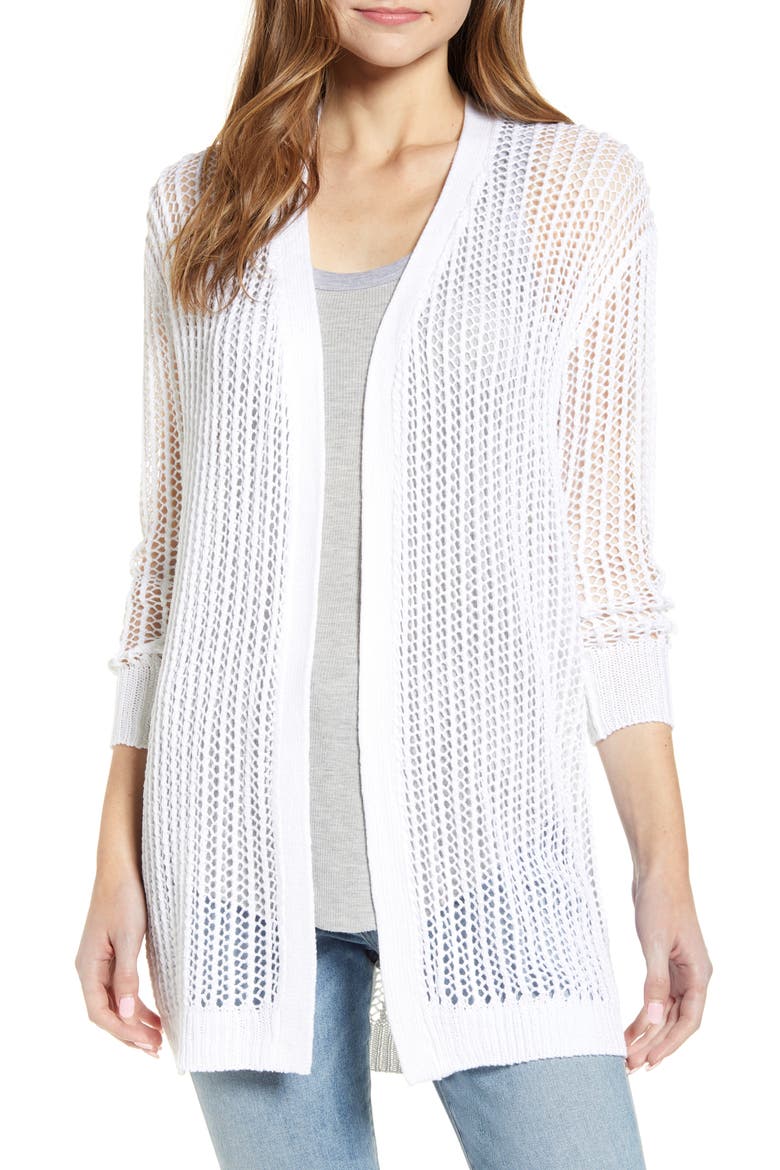 Crochet Open Front Long Cardigan, Main, color, WHITE