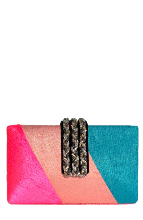 Diagonal Color Block Braided Fringe Clutch