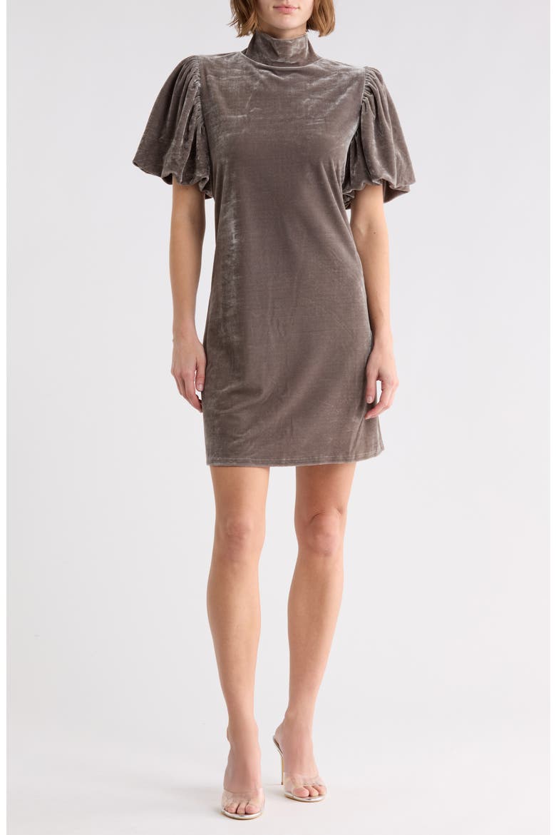 Mock Neck Puff Sleeve Velvet Dress, Main, color, GREY