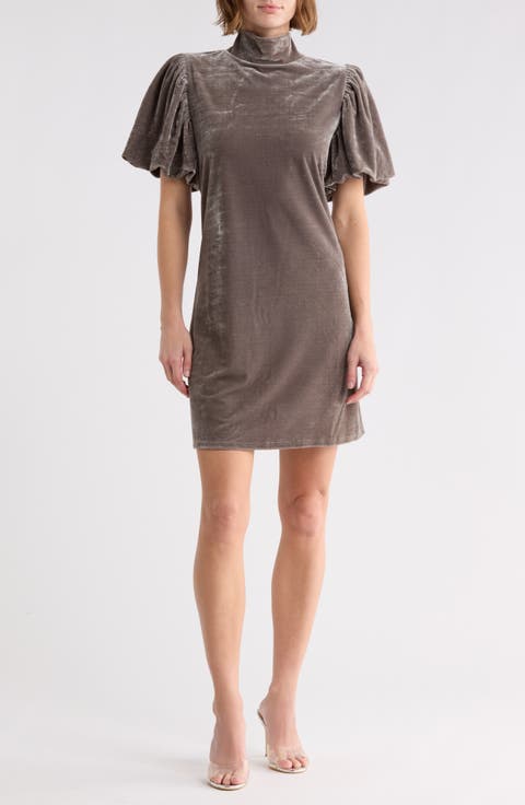 Mock Neck Puff Sleeve Velvet Dress