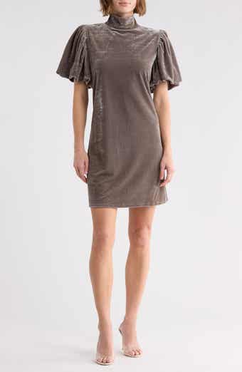 Mock Neck Puff Sleeve Velvet Dress
