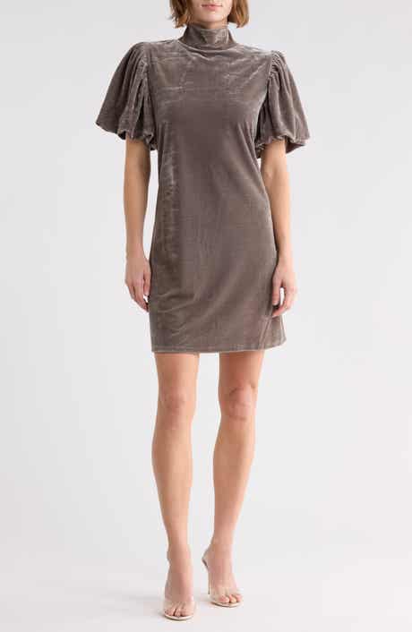 Mock Neck Puff Sleeve Velvet Dress