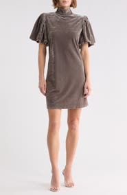 AREA STARS Mock Neck Puff Sleeve Velvet Dress