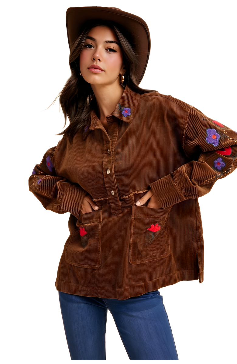 Knit and Lounge Embroidered Floral Corduroy Button-Up Jacket, Alternate, color, Brown Floral Embroidery