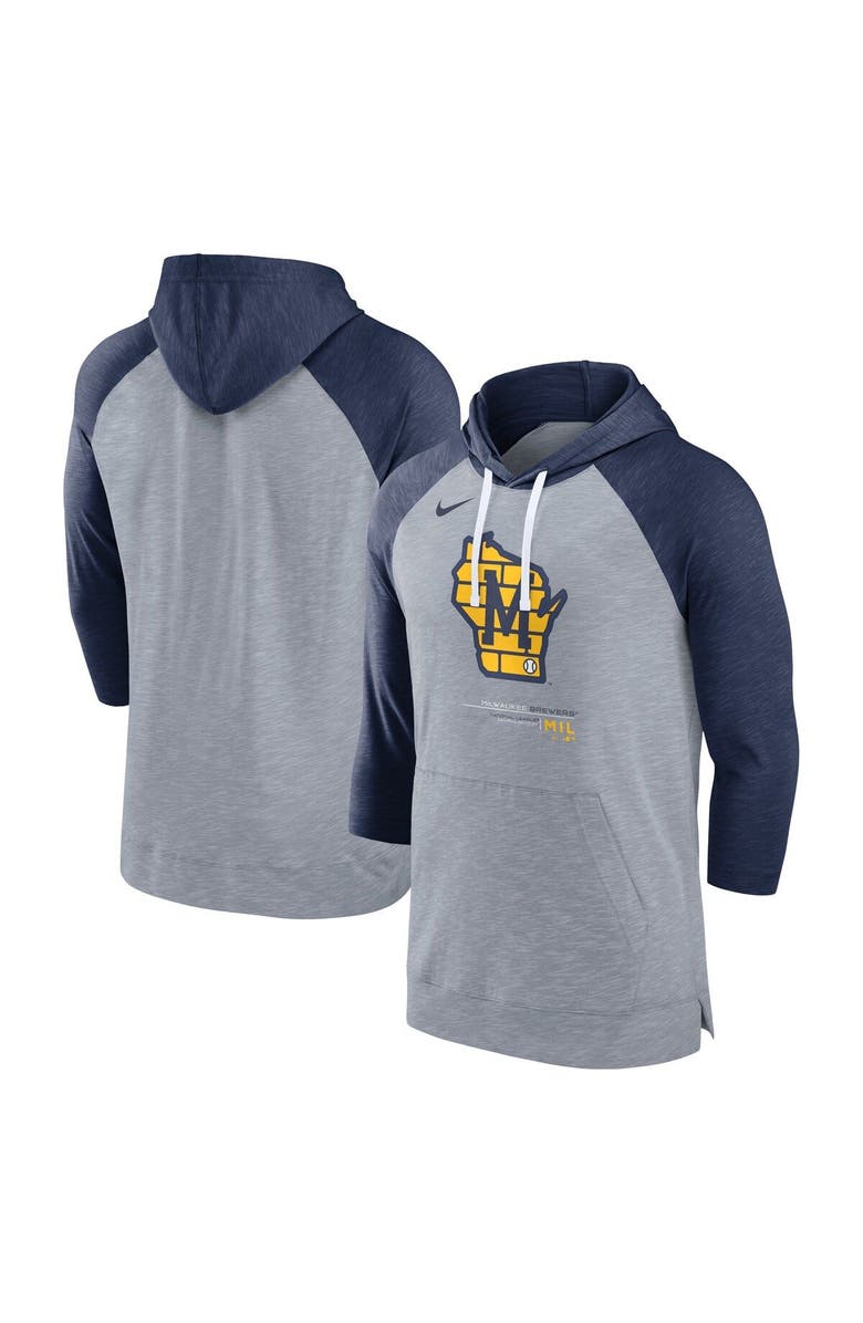 Nike Men's Nike Heather Gray/Heather Navy Milwaukee Brewers Baseball Raglan 3/4-Sleeve Pullover Hoodie, Main, color, 