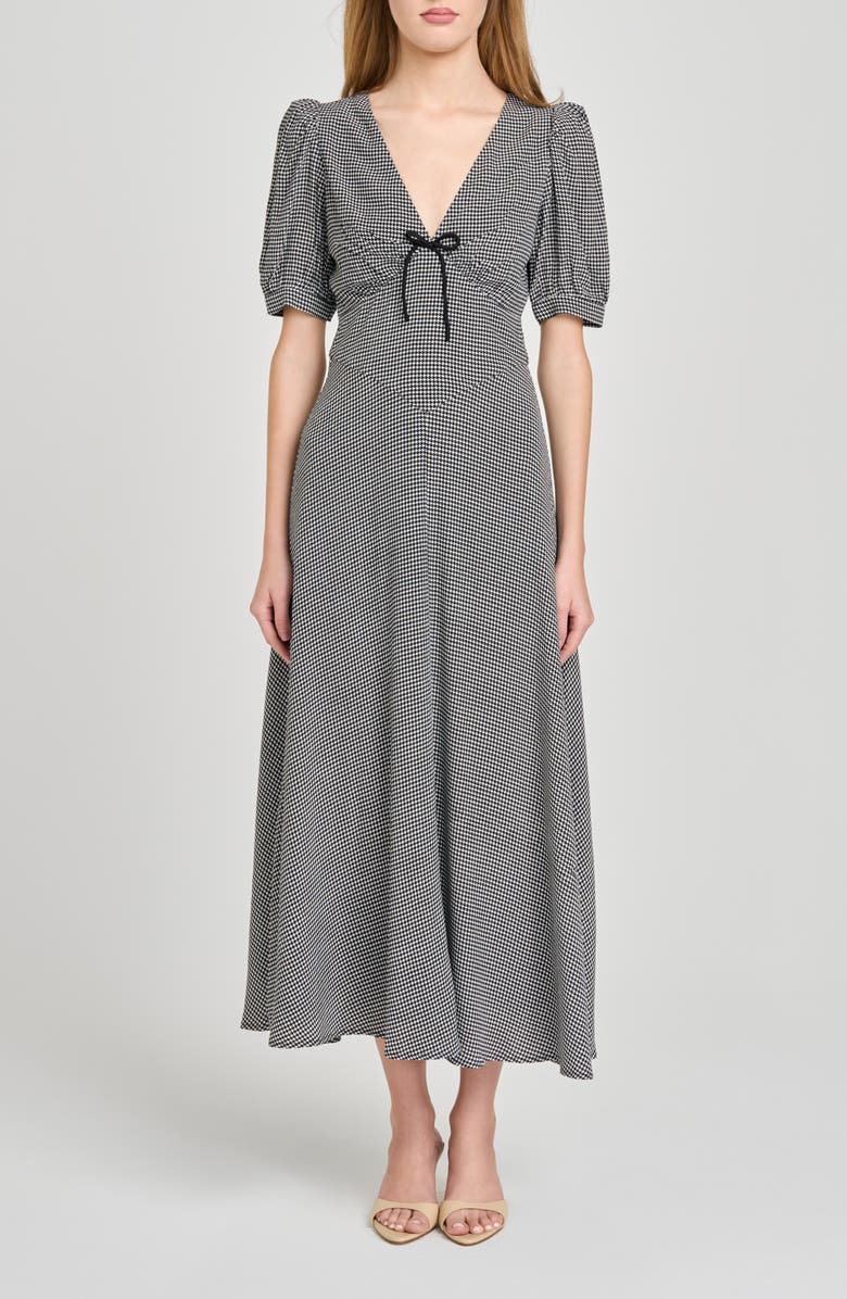 WAYF Juliana Short Sleeve Midi Dress, Main, color, Black White Houndstooth