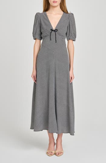 Wayf Juliana Short Sleeve Midi Dress In Black White Houndstooth