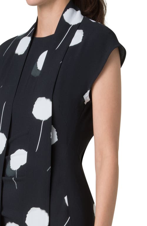 Akris Windflower-print Cap-sleeve Crepe Midi Dress With Detachable Bow In Black-ecru