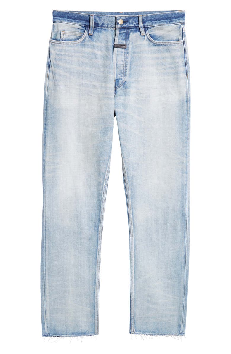 Fear of God Five-Pocket Raw Hem Straight Leg Jeans, Alternate, color, Light Indigo