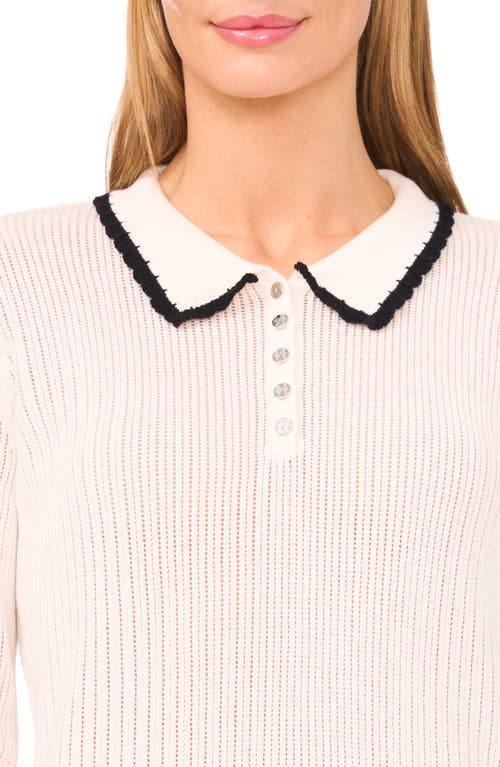 Cece Contrast Trim Pointelle Cotton Polo Sweater In White