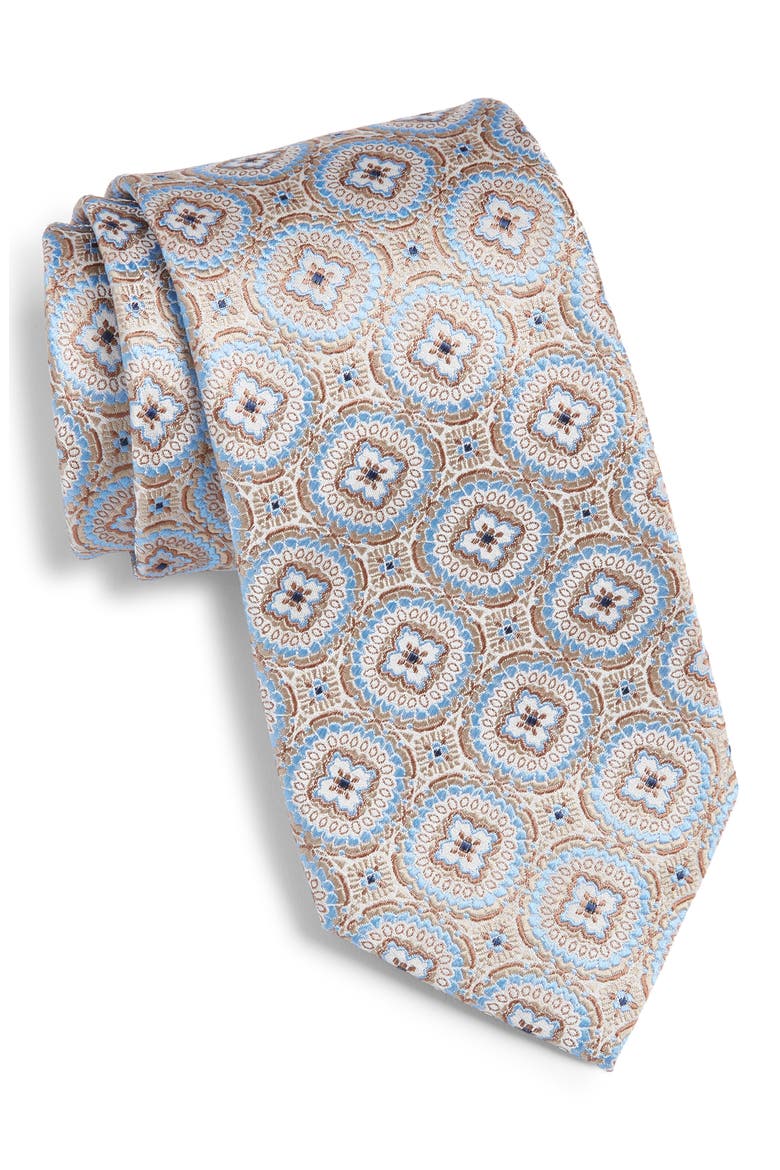 Medallion Silk Tie, Main, color, BROWN