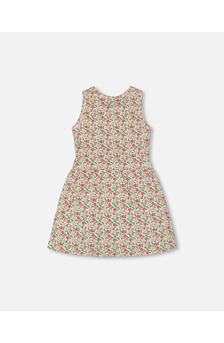 Deux par Deux Girl's Printed Ribbed Dress With Waist Tie Small Flowers On White Background, Alternate, color, 