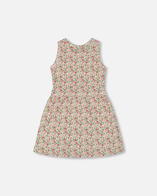 Deux Par Deux Little Girl's Printed Ribbed Dress With Waist Tie Small Flowers On White Background In Small Flowers On White