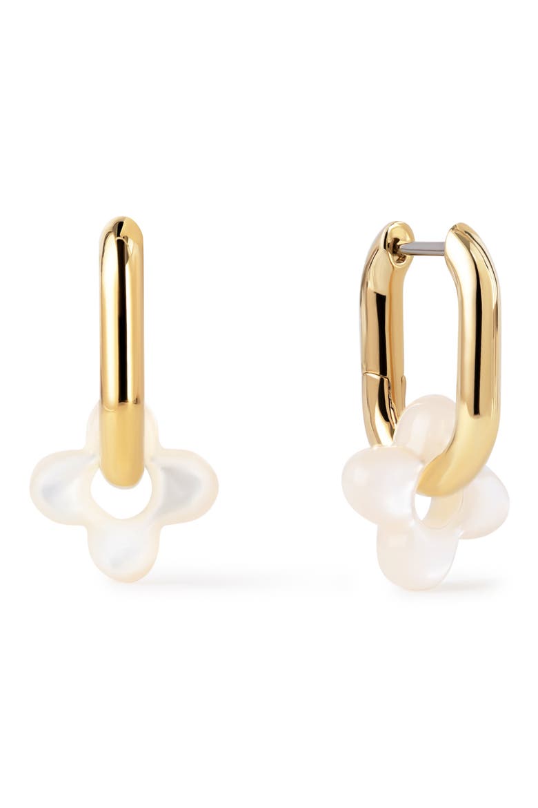 Cassia Puffy Flower Mother-of-Pearl Hoop Drop Earrings, Main, color, GOLD / WHITE